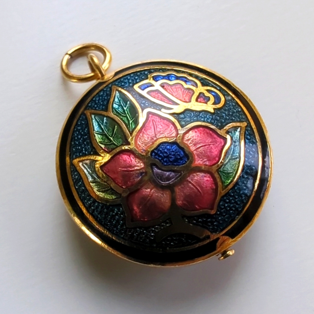 Vintage Cloisonne Flower, Butterfly Pendant